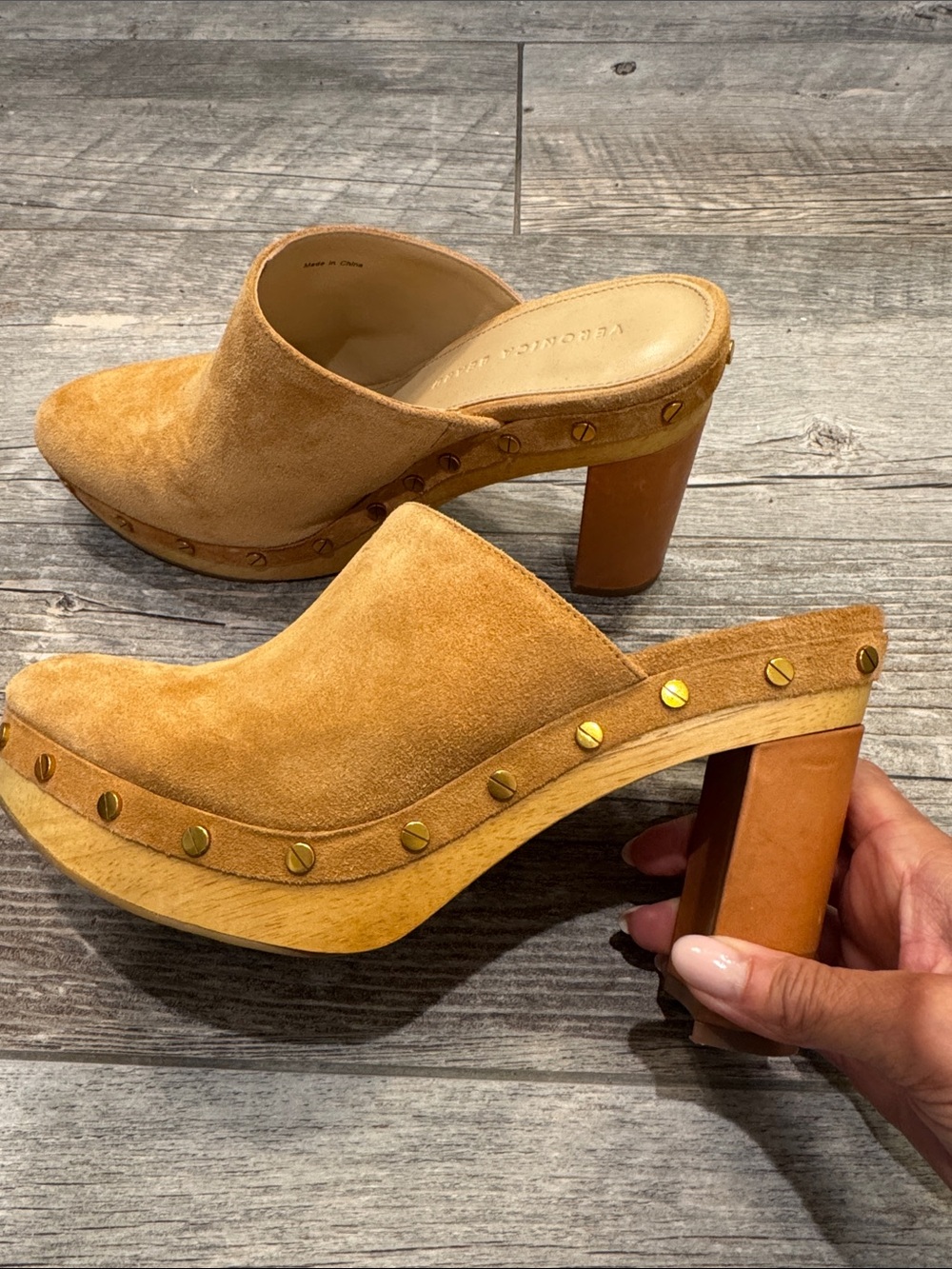 Veronica Beard Tan Suede Studded Clog Mules